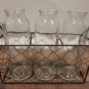 Clear Glass Bottle Trio with Rustic Wire Carrier - Home Accents